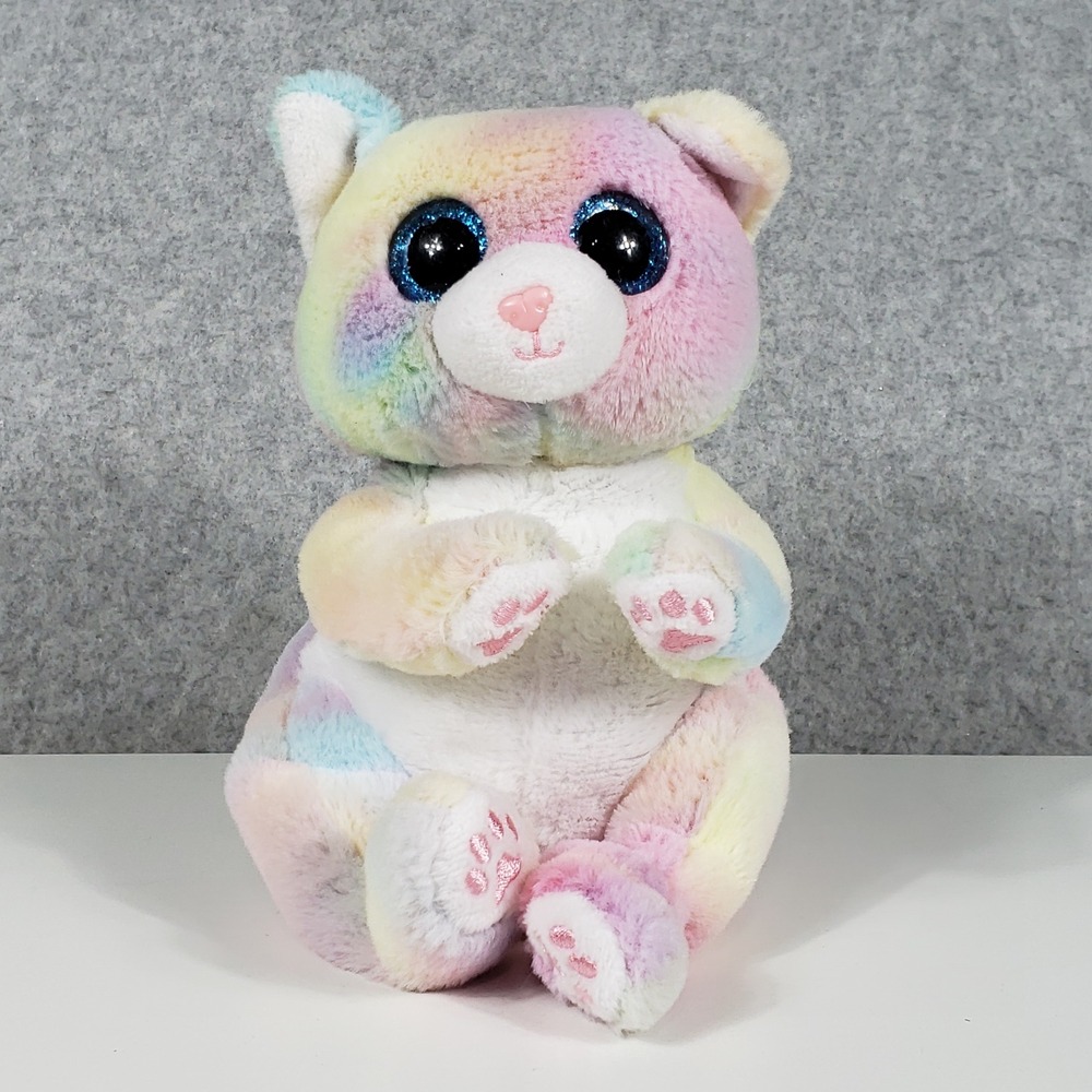 Ty‎ Jenni Cat Beanie Boos 6" Pastel Tie Dye Rainbow Plush Glitter Eyes Kitten